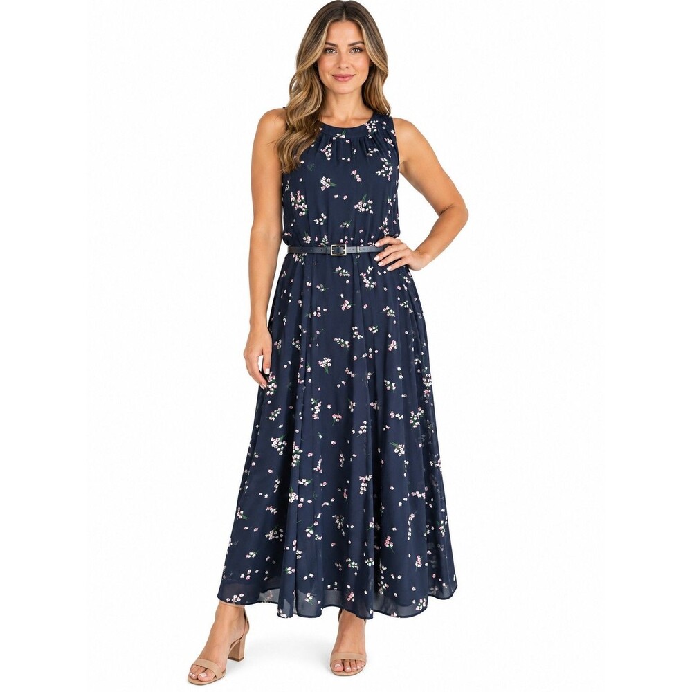 Tommy Hilfiger Floral Print Belted Dress Navy Blue Sleeveless Halter Neck 10